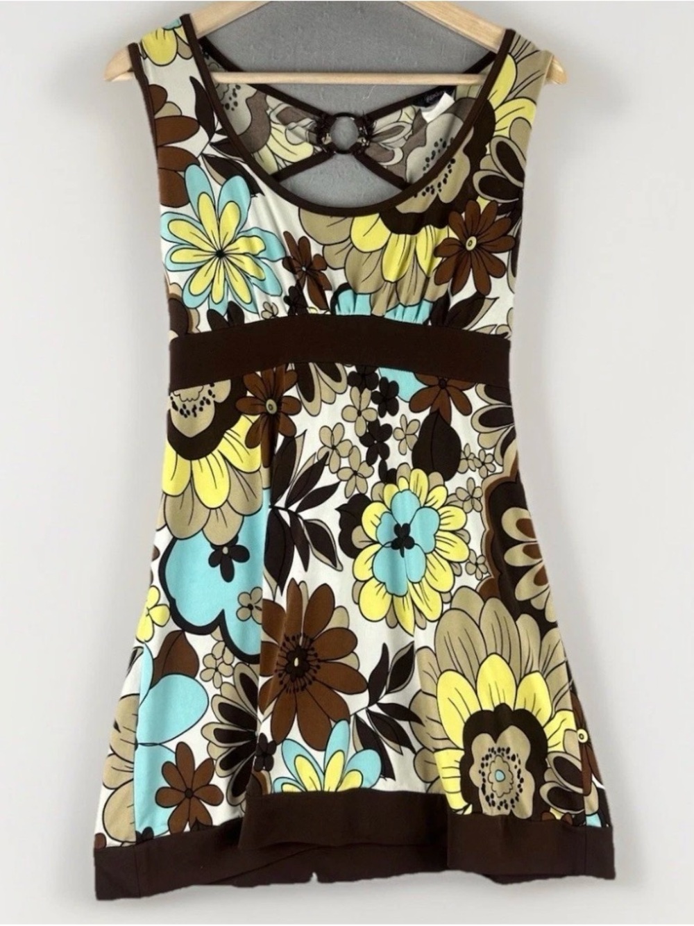 Floral Empire-Waist Tank Top in Brown, Yellow & Aqua